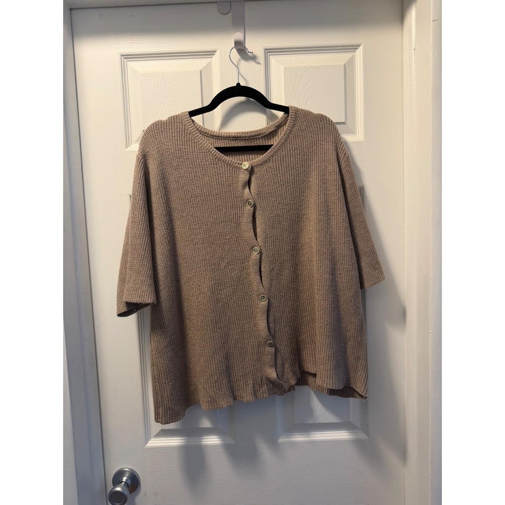 Womens Short Sleeve Waffle Knit Cardigan Sweater Tan Taupe Button Up XL XXL